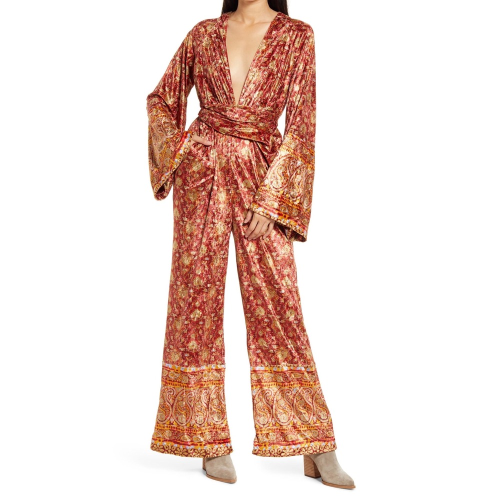 Free People Jumpsuit Womens S Red Harper Printed Long Sleeve Velvet Paisley Boho